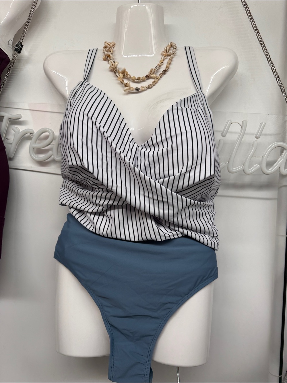 Swimsuit Tankini Top with Blue grey, white striped High-Waist Bottom